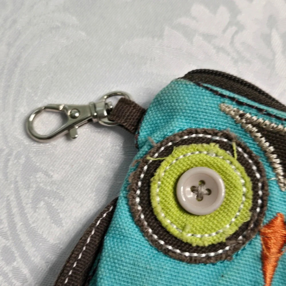 Thirty-One Owl Coin Purse Turquoise Blue Canvas Zipper Pouch with Key Clip